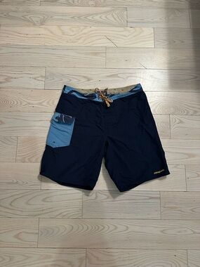 Patagonia Men’s Navy Swim Board Shorts with Light Blue Pocket
